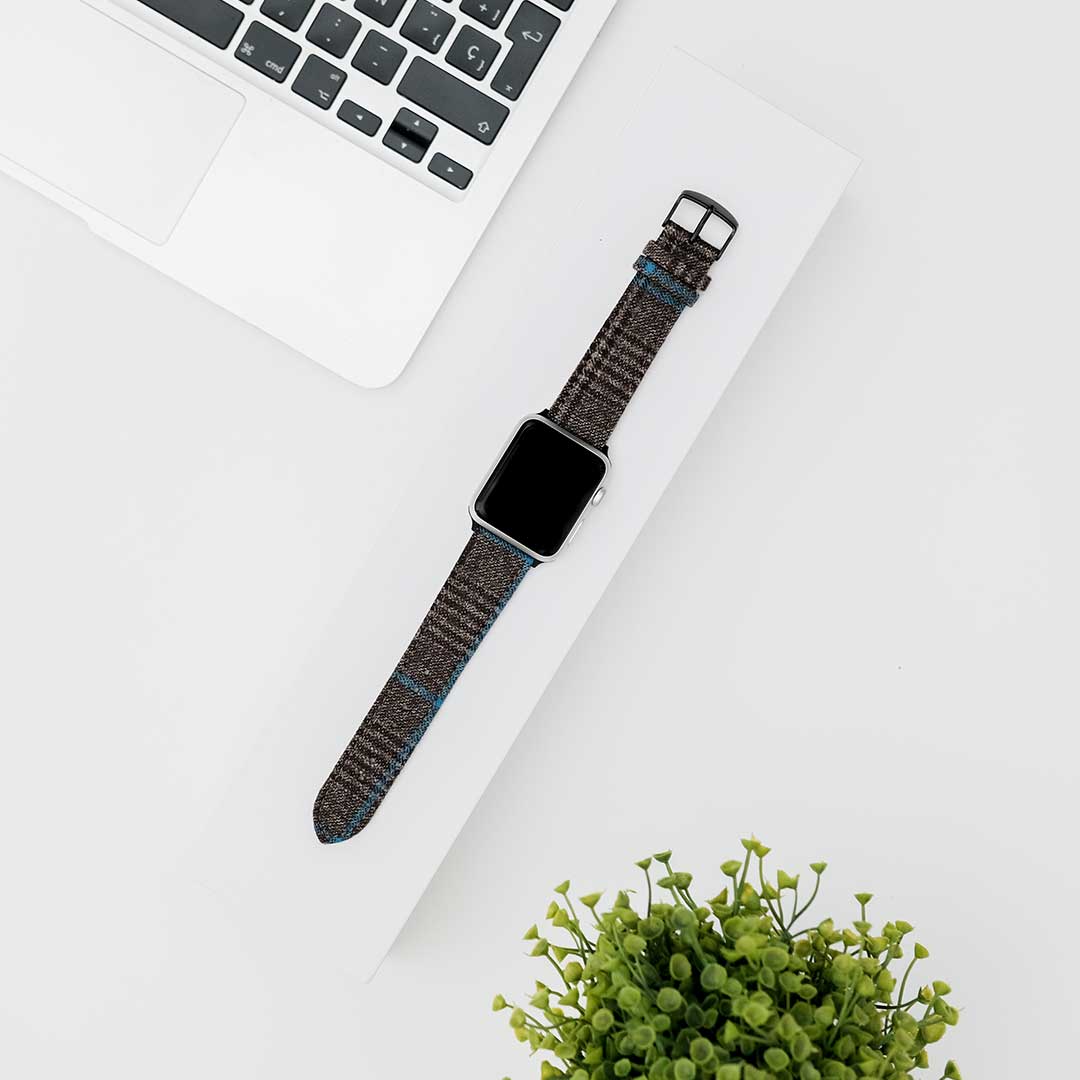 Apple Watch BROWN/TAN PLAID w TURQUOISE WINDOWPANE