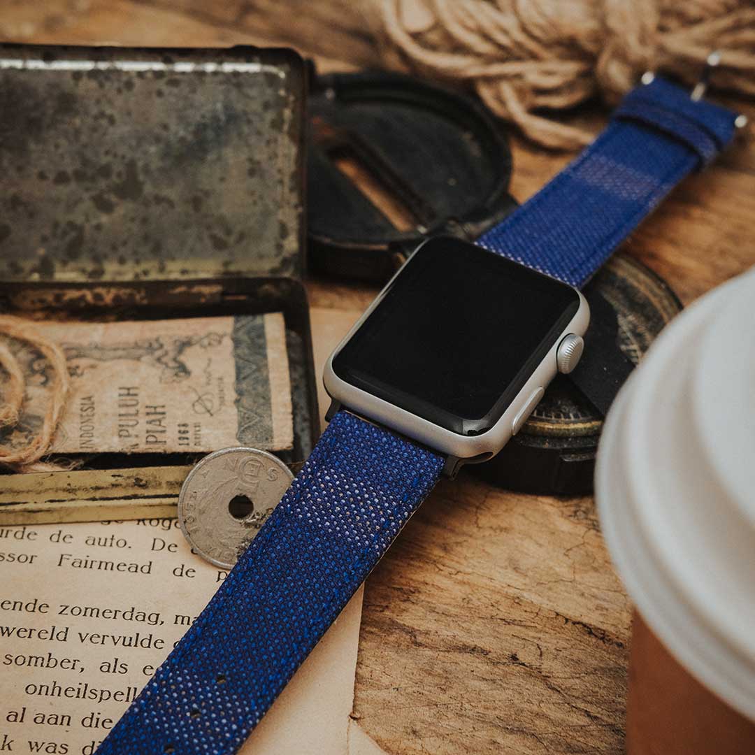 Apple Watch BRIGHT BLUE weave effect w BROWN/LIGHT BLUE WINDOWPANE