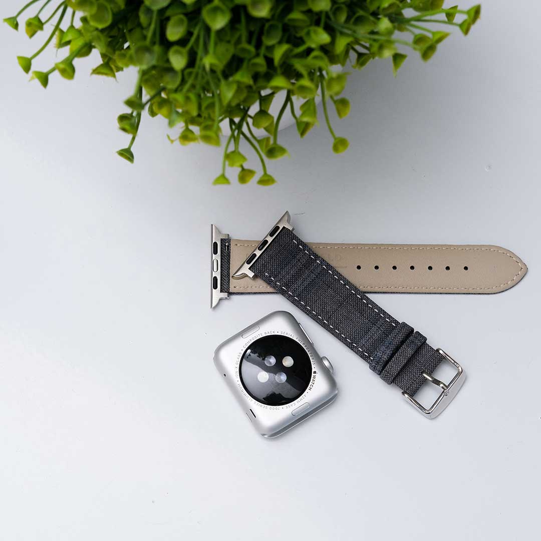 Featured image of the Apple Watch Grey with Fancy Blue Windowpane Overplaid band